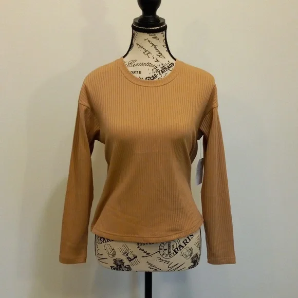 Pumpkin Spice Ribbed Long Sleeve Crewneck Top Relaxed Minimalist Slouchy Active - Picture 3 of 14